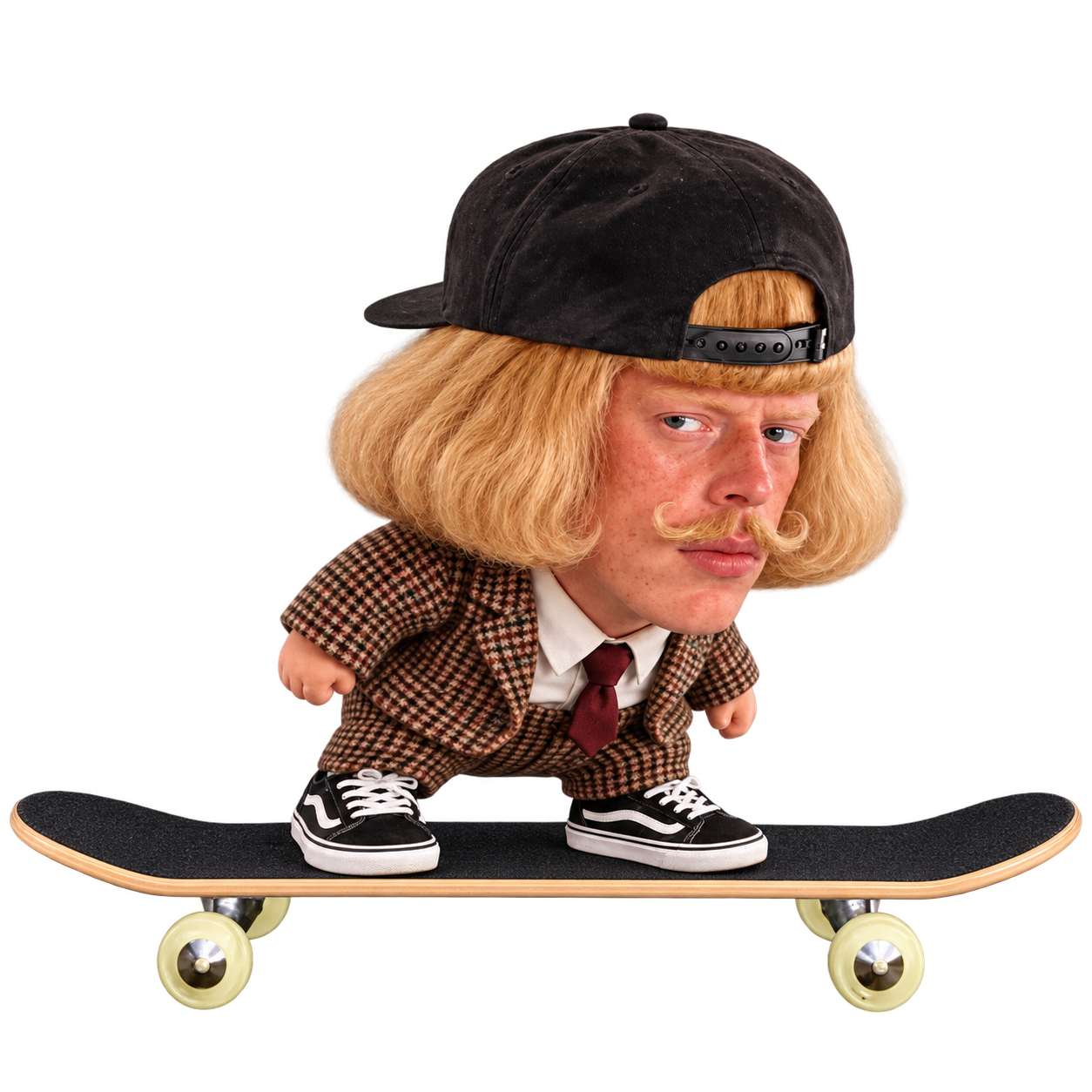 Jean in a checkered suit, backwards cap and skate shoes riding a skateboard